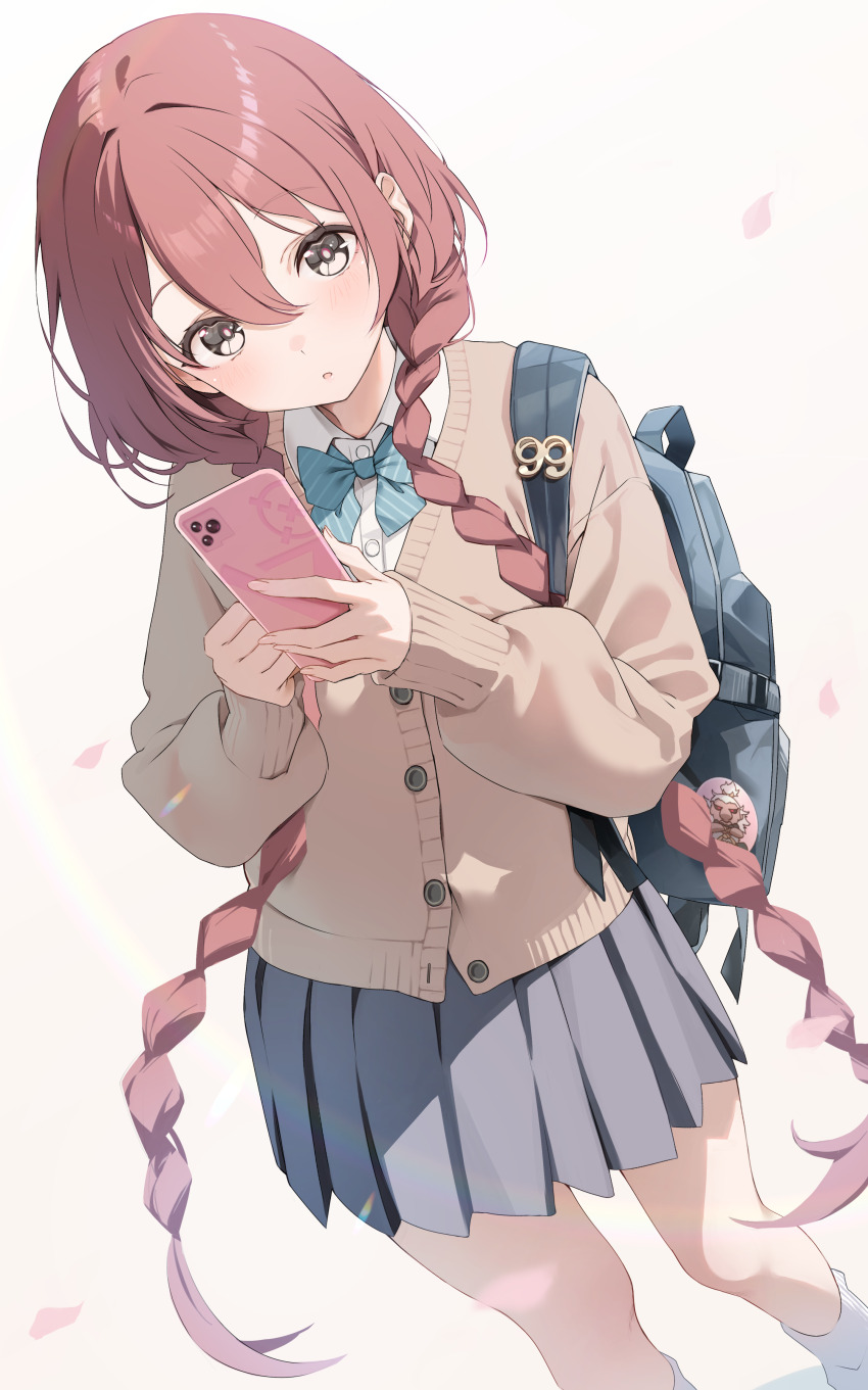 1girl :o absurdres amayui_moka backpack bag black_bag black_skirt blue_bow blue_bowtie blush bow bowtie braid brown_car brown_hair car cellphone collared_shirt commentary feet_out_of_frame head_tilt highres holding holding_phone long_hair looking_at_viewer motor_vehicle petals phone pleated_skirt ruo19 shirt simple_background skirt socks solo twin_braids very_long_hair virtual_youtuber vspo! white_background white_shirt white_socks yellow_eyes