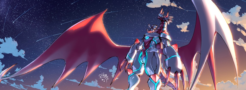 absurdres canoweissmon chest_jewel claws commentary_request cowboy_shot digimon digimon_(creature) dragon evolutionary_line gammamon highres horns midair no_humans p!k@ru pointing pointing_up signature star_(sky) triceratops white_scales yellow_eyes