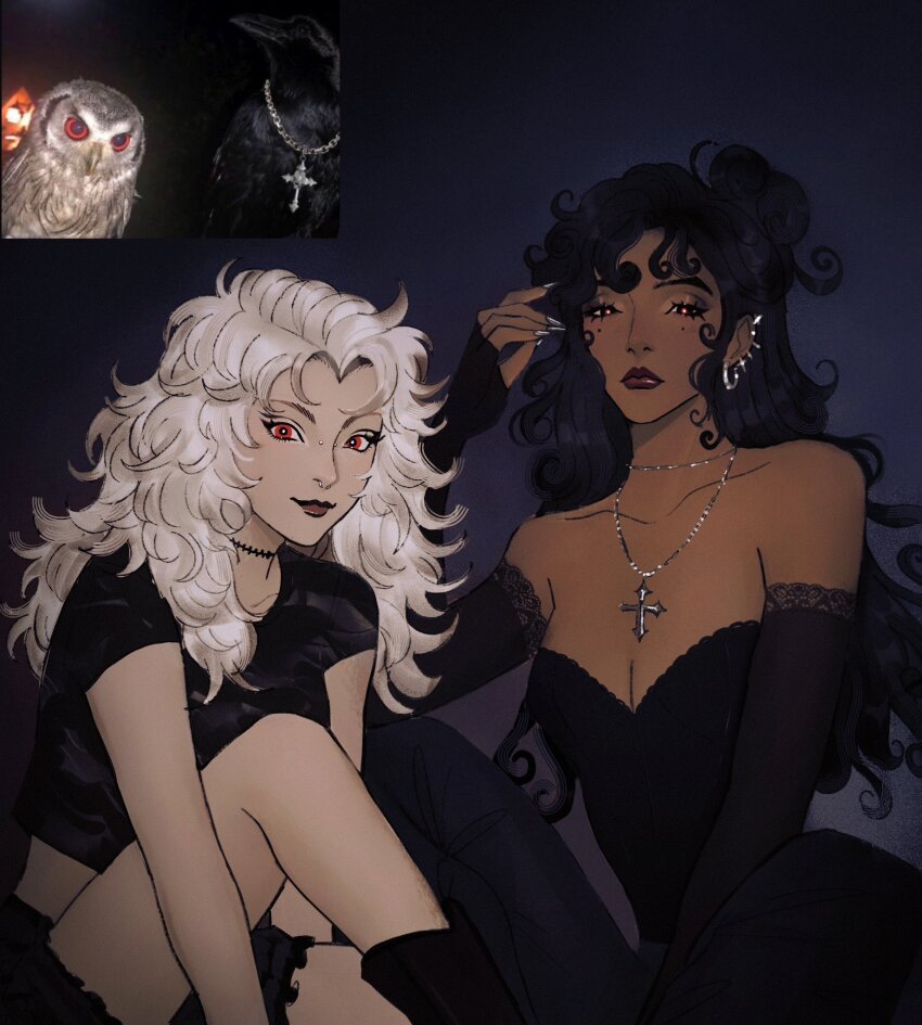 2girls black_hair bridge_piercing choker crop_top cross cross_necklace dark-skinned_female dark_skin dress ear_piercing elbow_gloves eyelashes gittanart gloves highres jewelry lips lipstick makeup mole mole_under_eye multiple_girls necklace nose_piercing nose_ring original personification photo-referenced piercing red_eyes reference_inset shirt t-shirt white_hair widow&#039;s_peak