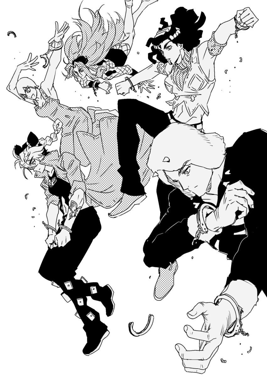 2boys 3girls arm_tattoo armband braid braided_ponytail breasts broken_handcuffs cleavage coat commentary crossdressing cuffs double_bun ermes_costello falling fishnet_top fishnets foo_fighters_(jojo) fur_hat greyscale hair_bun handcuffs hat highres horned_hat jeonjin_(mynamebazin) jojo_no_kimyou_na_bouken kuujou_jolyne long_hair medium_breasts miniskirt monochrome multicolored_hair multiple_boys multiple_girls narciso_anasui overalls short_hair skirt stone_ocean symbol-only_commentary tattoo thighhighs two-tone_hair vest weather_report