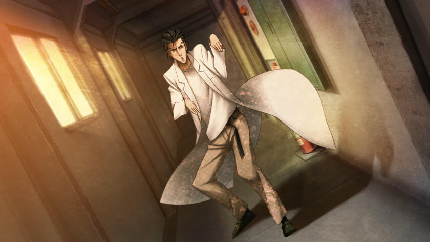 1boy beard_stubble belt black_belt black_hair breast_pocket brown_pants chuunibyou coat dutch_angle facial_hair game_cg green_slippers grey_eyes hallway highres huke indoors lab_coat lapels leather_belt long_sleeves looking_at_viewer male_focus messy_hair non-web_source notched_lapels official_art okabe_rintarou open_mouth orange_sky pants pocket ringed_eyes shirt shirt_partially_tucked_in sky slippers solo square_pupils standing steins;gate steins;gate:_linear_bounded_phenogram stubble sunlight sunset t-shirt tongue v-shaped_eyebrows white_coat white_shirt
