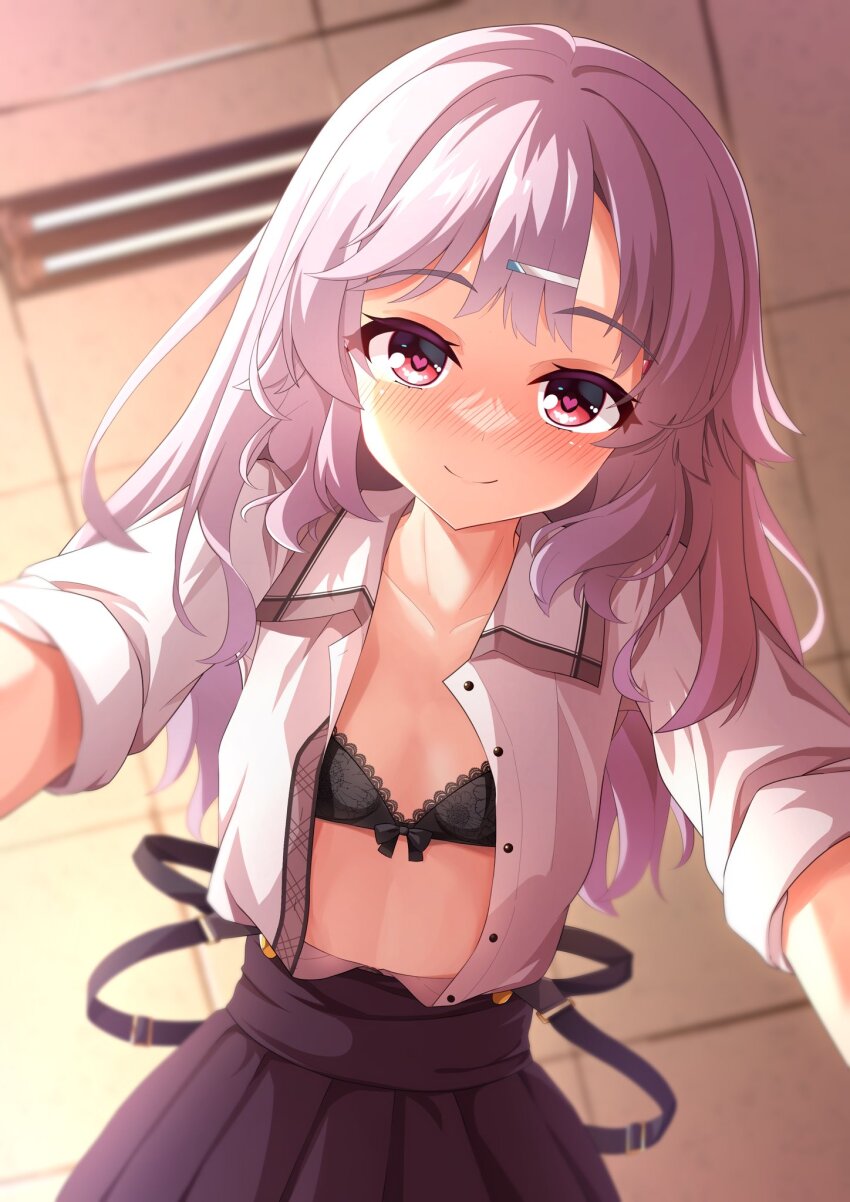 1girl assertive_female black_bra black_skirt blurry blush bra breasts closed_mouth collarbone commentary_request depth_of_field double-parted_bangs eyelashes eyes_visible_through_hair foreshortening frilled_bra frills from_below full-face_blush girl_on_top grey_hair hair_between_eyes heart heart-shaped_pupils highres indoors kinoshita_kaede long_hair long_sleeves looking_at_viewer looking_down midriff open_clothes open_shirt red_eyes school_uniform sesen2000 shirt sidelocks skirt sleeves_rolled_up small_breasts smile solo suspender_skirt suspenders symbol-shaped_pupils tenshi_souzou_re-boot! thick_eyebrows underwear wavy_hair white_shirt