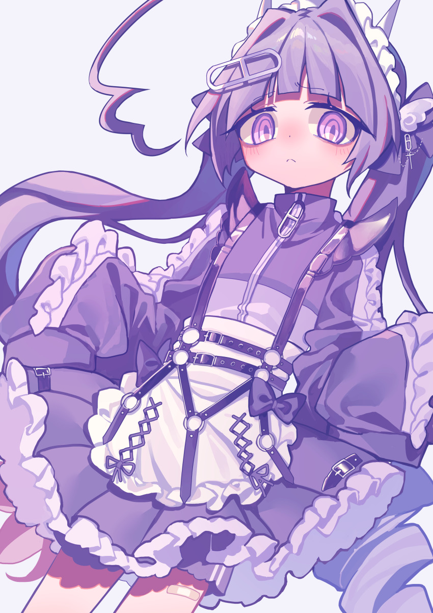 1girl absurdres ahoge apron bandaid_on_thigh blunt_bangs blush closed_mouth commentary cowboy_shot cross-laced_apron cross-laced_clothes dress dutch_angle frilled_apron frilled_skirt frilled_sleeves frills from_below furrowed_brow grey_background hair_intakes hair_ornament highres huge_ahoge jersey_maid long_hair long_sleeves looking_at_viewer maid maid_day maid_headdress o-ring original paperclip_hair_ornament petticoat puffy_long_sleeves puffy_sleeves purple_dress purple_eyes purple_shorts purple_skirt purple_theme purple_track_suit ringed_eyes ringlets shorts shorts_under_skirt simple_background skirt sleeves_past_fingers sleeves_past_wrists solo stylishtrash twintails unconventional_maid very_long_hair waist_apron white_apron white_headdress wing_hair_ornament zipper
