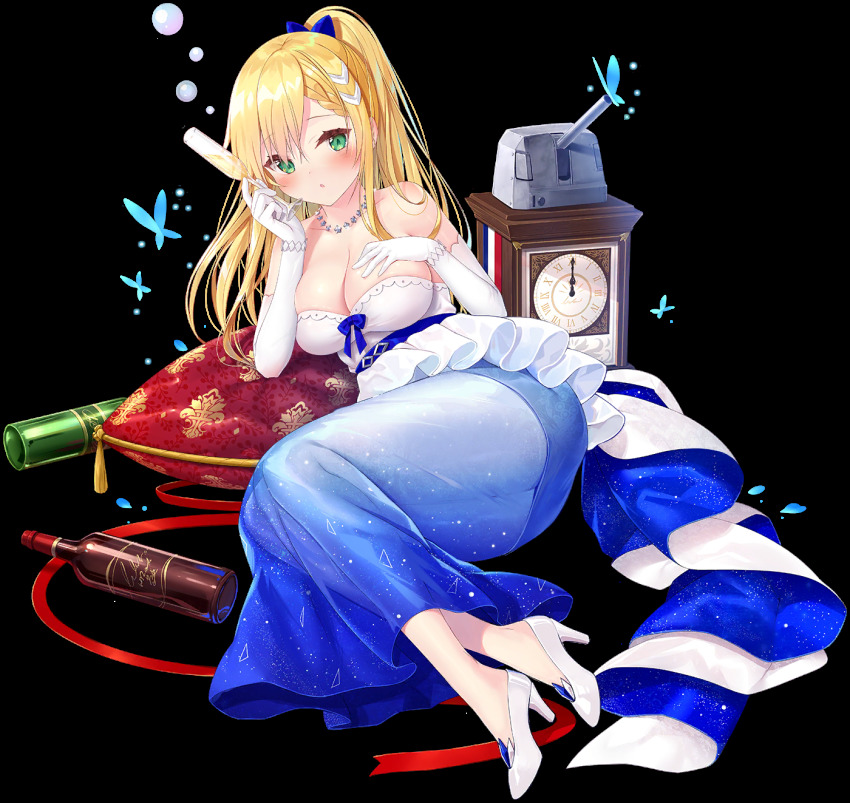 1girl azur_lane bare_shoulders blonde_hair blue_butterfly blue_dress blue_ribbon blush bottle bow braid breasts bug butterfly cleavage clock dress elbow_gloves female_focus forbin_(azur_lane) forbin_(feast_of_champagne)_(azur_lane) french_flag frills gloves gradient_clothes green_eyes hair_between_eyes hair_bow hair_ornament hand_on_own_chest high_heels highres insect iris_libre_(emblem) large_breasts long_dress long_hair looking_at_viewer multiple_expressions official_alternate_costume official_art pillow ponytail red_ribbon ribbon ship_turret skindentation sleeveless sleeveless_dress solo strapless strapless_dress transparent_background two-tone_dress white_dress white_footwear white_gloves yano_mitsuki_(nanairo)
