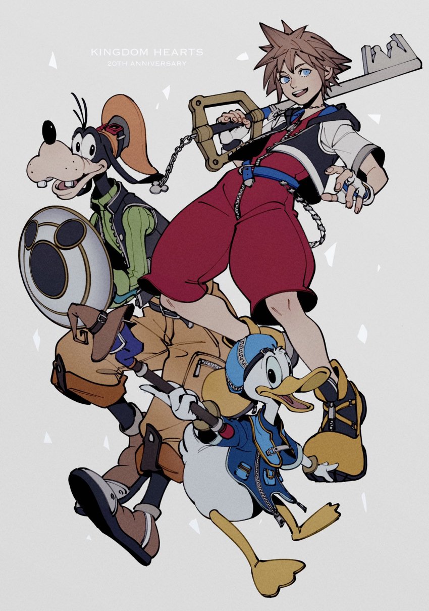 3boys belt bird black_vest blue_belt blue_eyes blue_headwear brown_footwear brown_hair brown_pants buck_teeth cropped_jacket dog donald_duck duck full_body goofy green_sweater grey_background hat highres holding holding_shield holding_staff holding_weapon hood hood_down hooded_jacket jacket jumpsuit keyblade kingdom_hearts long_sleeves looking_at_viewer male_focus mickey_mouse_&amp;_friends multiple_boys no_pants oimo_(oimkimn) open_mouth orange_headwear over_shoulder pants red_jumpsuit shield short_hair short_sleeves smile sora_(kingdom_hearts) spiked_hair staff sweater teeth turtleneck turtleneck_sweater upper_teeth_only vest weapon weapon_over_shoulder yellow_wine_(food_fantasy)