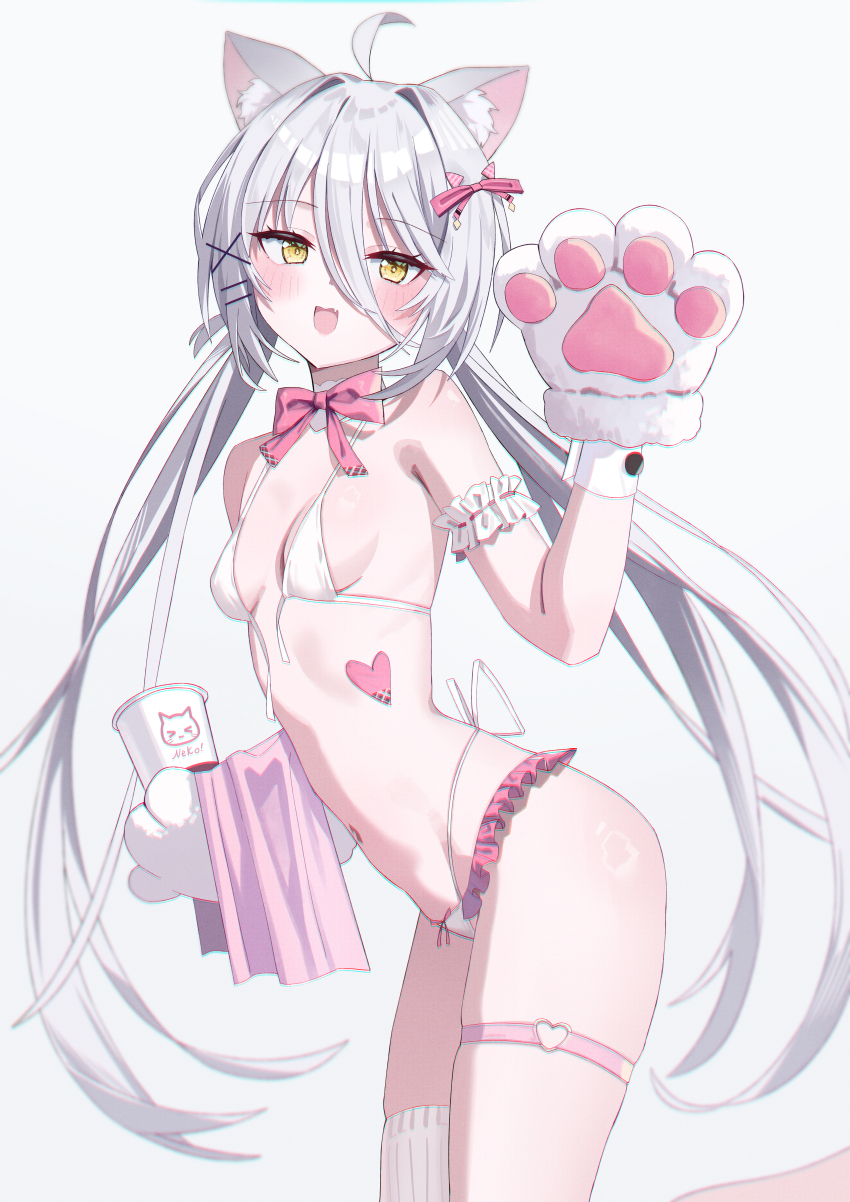 1girl absurdres acacia_(snowbreak) ahoge animal_ears animal_hands bra breasts cat_ears cat_paws detached_collar grey_hair hair_between_eyes hair_ornament hairclip highres kakakaka_(pc98times) long_hair nekomata panties small_breasts snowbreak:_containment_zone solo twintails underwear yellow_eyes