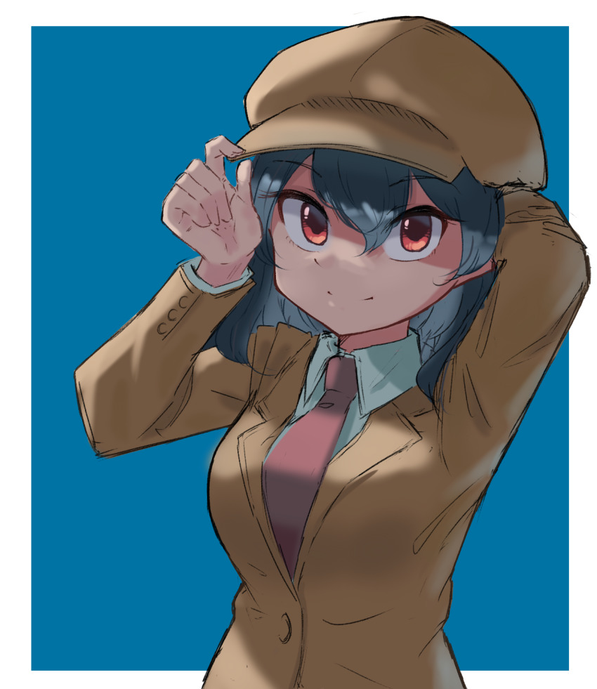 1girl 5alive adjusting_clothes adjusting_headwear arm_behind_head black_hair blue_background border breasts brown_hat brown_jacket cabbie_hat closed_mouth commentary_request flat_cap happy hat highres jacket medium_breasts medium_hair necktie no_wings pointy_ears red_eyes red_necktie shameimaru_aya shameimaru_aya_(newsboy) smile suit_jacket tengu touhou upper_body white_border