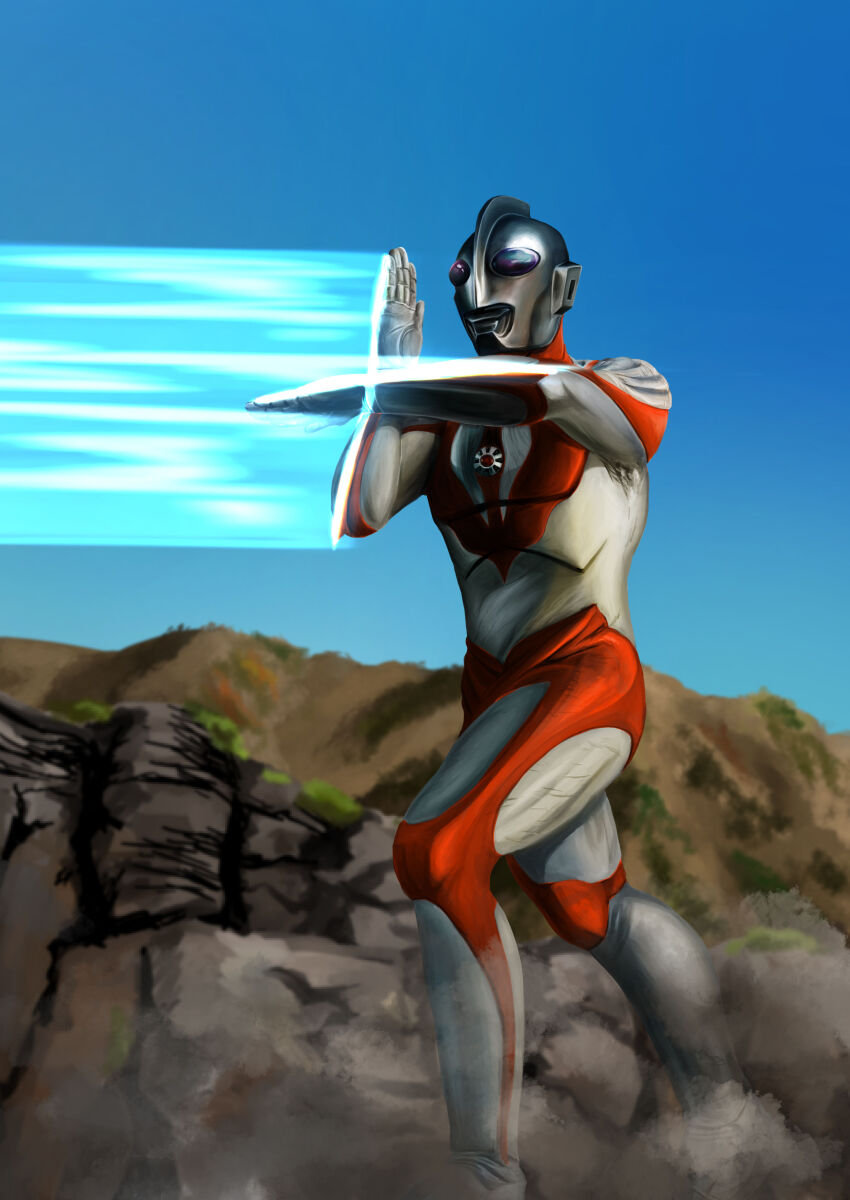 1boy absurdres alien blue_eyes blue_sky blurry blurry_background cliff color_timer colored_skin commentary compound_eyes day dorsal_fin dust_cloud energy full_body gattyo giant gradient_sky hands_up highres looking_ahead male_focus mountain multicolored_skin muscular muscular_male outdoors pectorals red_skin silver_skin sky solo standing tokusatsu ultra_beam ultra_series ultraman:_the_ultimate_hero ultraman_powered wrinkled_skin wrist_blades