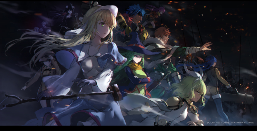 3boys 6+girls armor artist_name black_dress black_hair blonde_hair blue_coat blue_hair blunt_bangs breasts brown_coat brown_hair cannon cape capelet closed_mouth coat collarbone commentary_request crook_morphus crossed_arms dark dress facing_away full_armor gauntlets glasses gloves green_dress green_eyes green_hair grin hair_ribbon hand_on_headwear hand_up hat headband highres holding holding_weapon kentou_kanami knight legs_apart letterboxed long_hair long_sleeves maria_custard masou_shizuka medium_breasts miracle_tou multiple_boys multiple_girls open_clothes open_coat outstretched_hand patton_misnarge polearm rance rance_(series) rance_ix red_hair ribbon robe sheath sheathed sheila_helman shirt short_hair shorts shoulder_armor skull slingshot_(weapon) smile spear swd3e2 sword teeth tillday_shape watermark weapon white_ribbon white_shirt wide_sleeves wind witch_hat