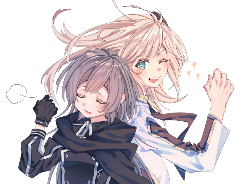 2girls black_coat black_necktie blonde_hair blue_eyes closed_eyes coat dutch_angle emptyayya grey_hair highres jacket long_hair milestone_celebration multiple_girls necktie one_eye_closed simple_background sky_striker_ace_-_raye sky_striker_ace_-_roze upper_body white_background white_jacket yu-gi-oh!