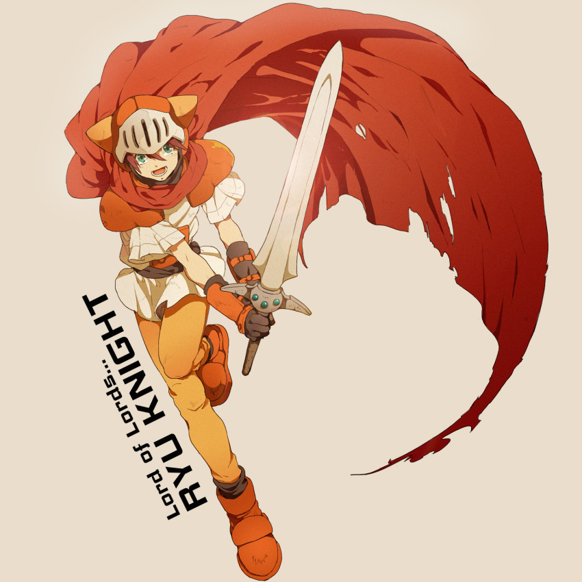 1boy adeu_warsam armor belt brown_background cape character_name copyright_name english_text green_eyes hair_between_eyes haou_taikei_ryuu_knight helmet highres holding holding_sword holding_weapon k-mica knight lower_teeth_only male_focus open_mouth pauldrons red_cape red_hair shoulder_armor simple_background solo sword teeth tongue torn_cape torn_clothes vambraces weapon