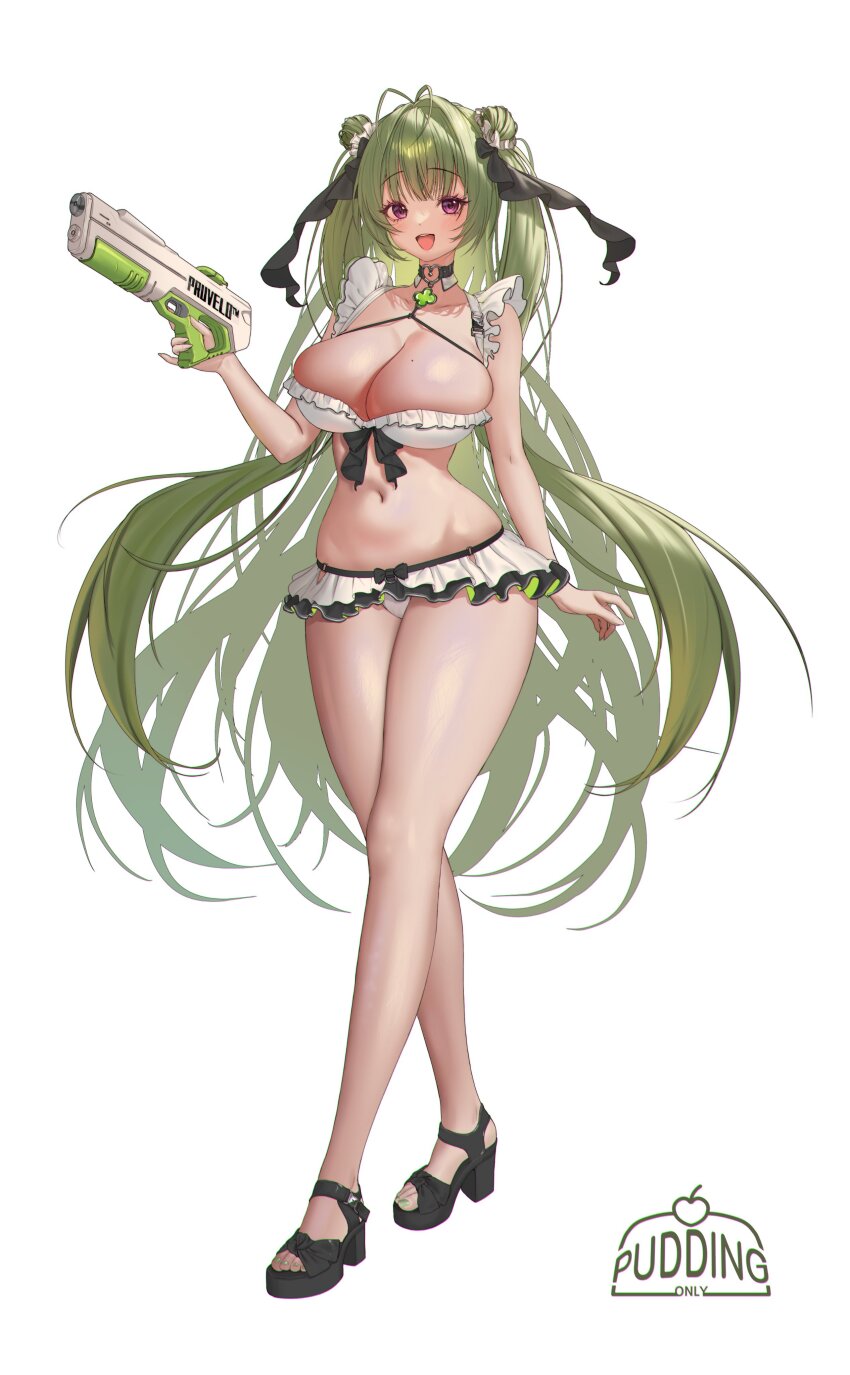 1girl absurdres antenna_hair artist_name bikini bikini_skirt bilingual_commentary black_choker black_sandals blush breasts choker cleavage commentary commentary_request double_bun english_commentary feet frilled_bikini frilled_bikini_top frills full_body goddess_of_victory:_nikke green_hair green_nails hair_bun hand_up heart heart_o-ring high_heel_sandals highres holding holding_water_gun large_breasts long_hair looking_at_viewer mixed-language_commentary mole mole_on_breast nail_polish navel o-ring o-ring_choker open_mouth pudding_only purple_eyes sandals simple_background smile soda_(nikke) solo standing swimsuit toenail_polish toenails toes very_long_hair water_gun white_background white_bikini