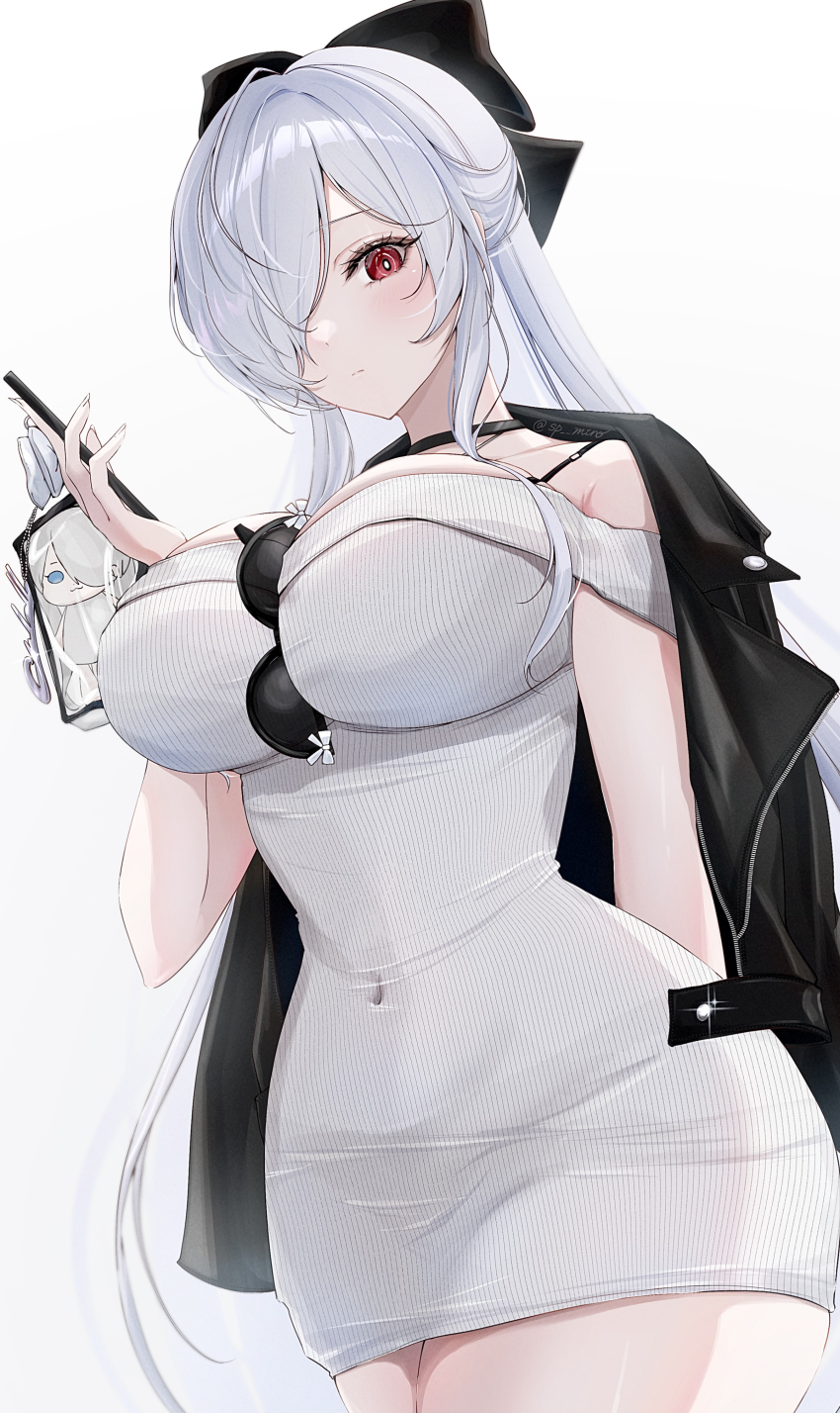 1girl absurdres black_jacket breasts cinderella_(beautiful_me)_(nikke) cinderella_(nikke) closed_mouth commentary covered_navel dongtan_dress dress eyewear_hang goddess_of_victory:_nikke grey_dress hair_over_one_eye highres holding holding_phone jacket jacket_on_shoulders large_breasts long_hair meme_attire mino_(mii_mt) official_alternate_costume phone red_eyes simple_background solo sunglasses unworn_eyewear very_long_hair white_background white_hair