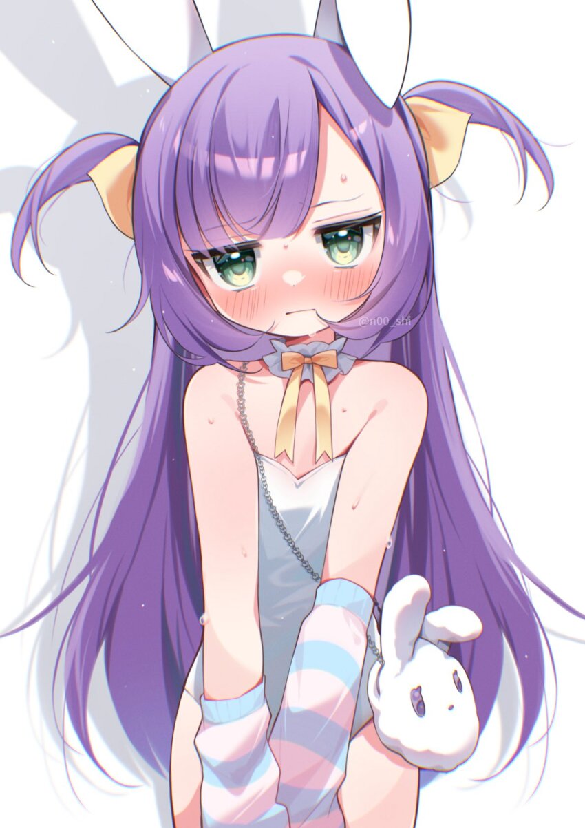 1girl animal_bag animal_ears aqua_eyes arm_warmers bag bare_shoulders blue_arm_warmers blush bow bowtie closed_mouth collar cowboy_shot detached_collar fake_animal_ears flat_chest gau_(n00_shi) hair_ribbon highres leotard long_hair looking_at_viewer original playboy_bunny purple_hair rabbit_bag rabbit_ears ribbon shoulder_bag solo strapless strapless_leotard striped_arm_warmers sweat two-tone_arm_warmers two_side_up very_long_hair white_arm_warmers white_background white_bag white_collar white_leotard yellow_bow yellow_bowtie yellow_ribbon