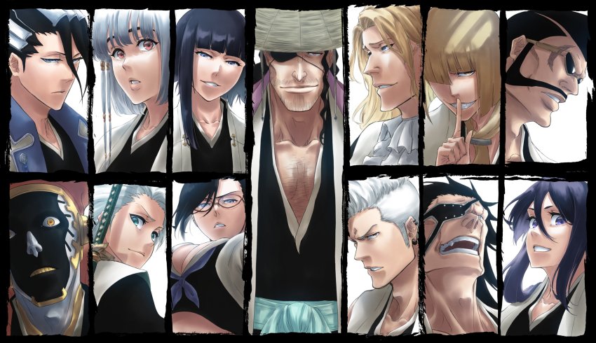 4girls 6+boys beard black_hair bleach blonde_hair blue_eyes bob_cut breasts cape chest_hair cleavage coat eyepatch facepaint facial_hair finger_to_mouth glasses haori highres hirako_shinji hitsugaya_toushirou iba_tetsuzaemon japanese_clothes kotetsu_isane kuchiki_byakuya kuchiki_rukia kurotsuchi_mayuri kyouraku_shunsui large_breasts looking_at_viewer muguruma_kensei multiple_boys multiple_girls ootoribashi_roujuurou open_mouth red-framed_eyewear scar scar_across_eye scar_on_face shinigami sideburns smile sui-feng sunglasses sword tagme weapon weapon_on_back white_cape white_coat white_hair yadoumaru_lisa zaraki_kenpachi