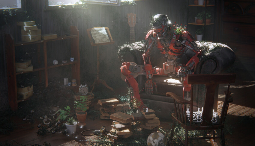 1other absurdres alarm_clock armchair ball book book_stack chair chess_piece chessboard clock commentary day english_commentary flower full_body gao_sheng highres light_particles light_rays male_focus on_chair original overgrown plant potted_plant red_flower robot sheet_music shelf sitting soccer_ball solo sunlight wooden_floor