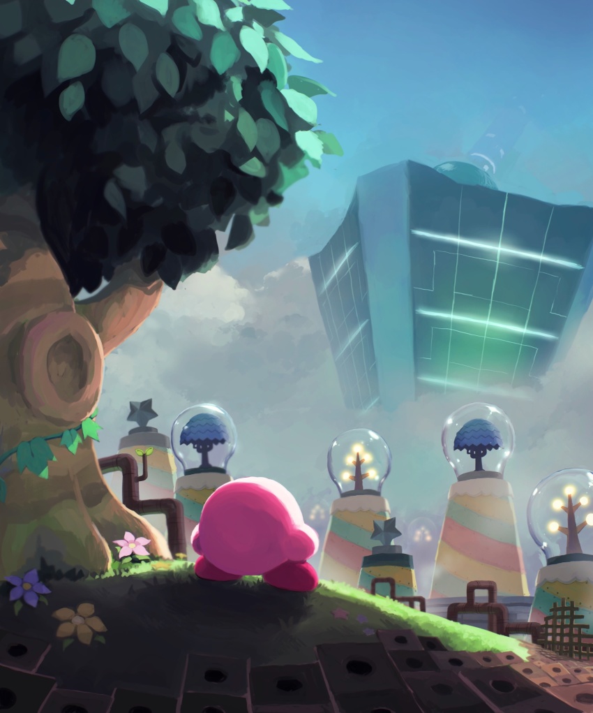 access_ark blue_flower blue_sky flower from_behind grass highres kirby kirby:_planet_robobot kirby_(series) leaf light_bulb nintendo pink_flower smoking_pipe plant sky smoke star_(symbol) suyasuyabi tree vines yellow_flower
