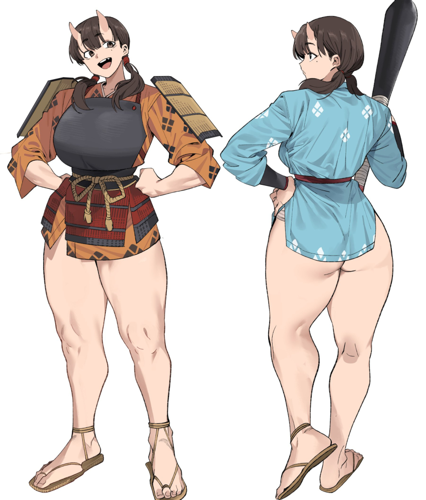 1girl armor ass blue_kimono bracer breasts brown_eyes brown_hair chest_guard chipped_tooth club_(weapon) dungeon_meshi feet from_behind full_body hair_over_shoulder hand_on_own_hip hands_on_own_hips head_tilt highres holding holding_club holding_weapon horns inutade japanese_armor japanese_clothes kimono kusazuri large_breasts long_hair looking_at_viewer looking_to_the_side low_twintails mole mole_under_eye multiple_views oni open_mouth orange_kimono profile sandals short_kimono shoulder_armor simple_background skin-covered_horns three-quarter_sleeves smile sode standing teeth thick_thighs thighs toes turning_head twintails underbutt upper_teeth_only urec weapon white_background