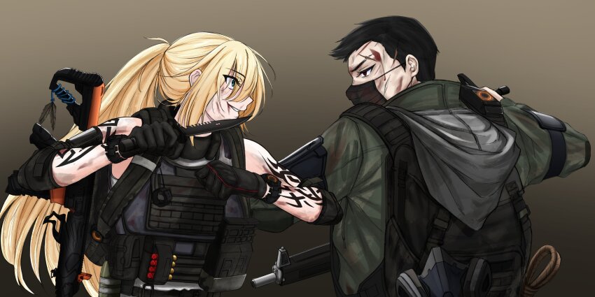 1boy 1girl aa-12 absurdres ammunition arm_tattoo assault_rifle automatic_shotgun backpack bag battle black_gloves black_hair blonde_hair blood blood_on_clothes blood_on_face blue_eyes bulletproof_vest combat_shotgun commentary commission elbow_pads english_commentary foregrip gas_mask gloves green_eyes gun hands_up highres holding holding_knife hood hood_down hooded_jacket jacket knife long_hair looking_at_another m4_carbine magazine_(weapon) mask matsu_arts mouth_mask night_vision_device open_mouth original ponytail red_eyes rifle scar scar_on_face shirt short_hair shotgun shotgun_shell smile tattoo tom_clancy&#039;s_the_division upper_body watch weapon white_shirt wristwatch