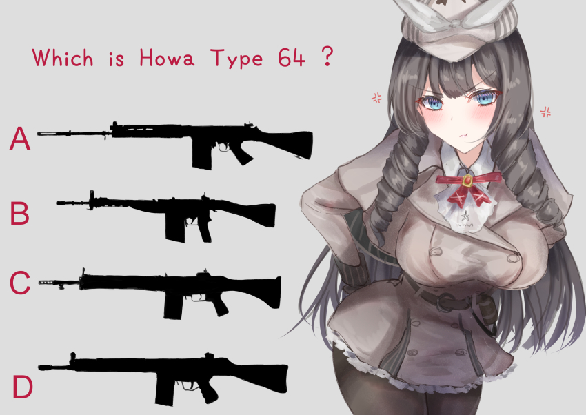 1girl :t absurdres anger_vein ascot ass battle_rifle beige_coat belt belt_buckle blue_eyes blush bow bowtie breasts brooch brown_hair brown_pantyhose buckle newsboy_cap coat cowboy_shot drill_hair drill_sidelocks english_text explosive eyelashes fn_fal frown girls&#039;_frontline gloves grenade grey_background gun h&amp;k_g3a3 hand_grenade hand_on_own_hip hat hat_bow highres howa_type_64 howa_type_64_(an_unsuitable_job_for_her)_(girls&#039;_frontline) howa_type_64_(girls&#039;_frontline) jewelry large_breasts leaning_forward less-than-lethal_weapon long_hair look-alike looking_at_viewer m18_smoke_grenade martinreaction official_alternate_costume pantyhose quiz rifle sidelocks sig_sg510 silhouette simple_background smoke_grenade solo strap trench_coat very_long_hair weapon white_bow white_hat