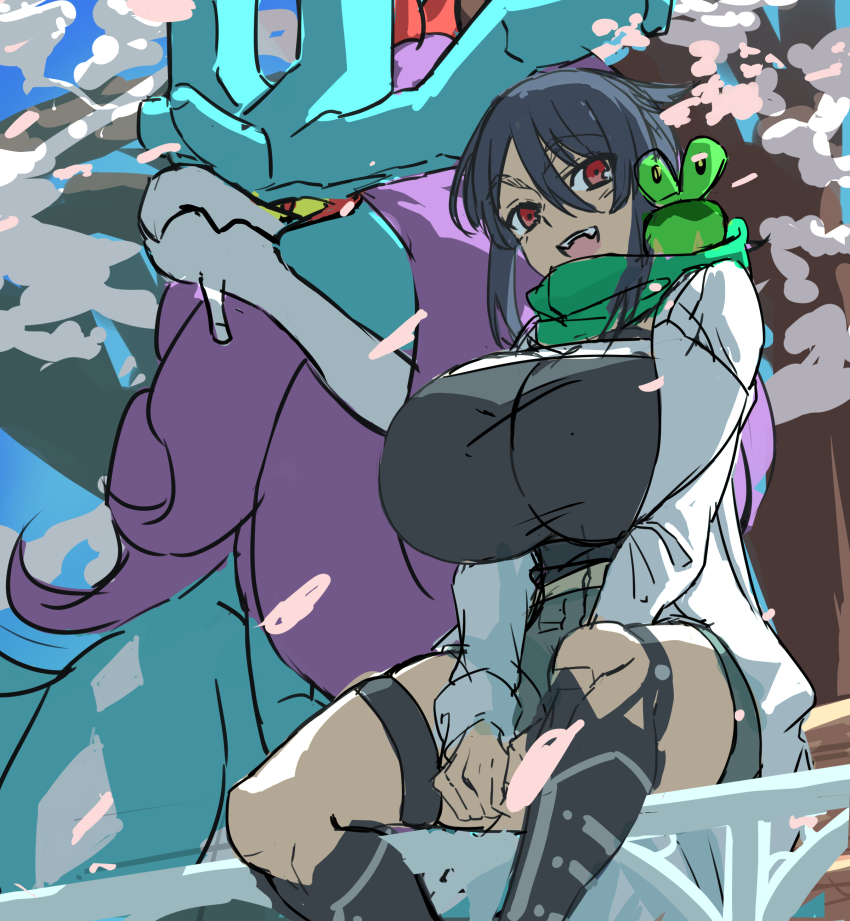 1girl absurdres alternate_costume applin breasts gen_8_pokemon highres hizakake huge_breasts nintendo pokemon pokemon_(creature) pokemon_oras red_eyes walking_wake zinnia_(pokemon)