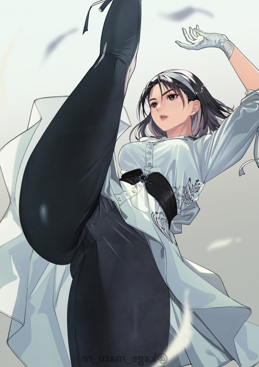 1girl absurdres black_eyes black_hair black_pants dress gloves hairband high_kick highres kagematsuri kazama_jun kicking medium_hair namco pants parted_lips solo tekken tekken_2 tekken_8 tekken_tag_tournament tekken_tag_tournament_2 white_dress white_gloves
