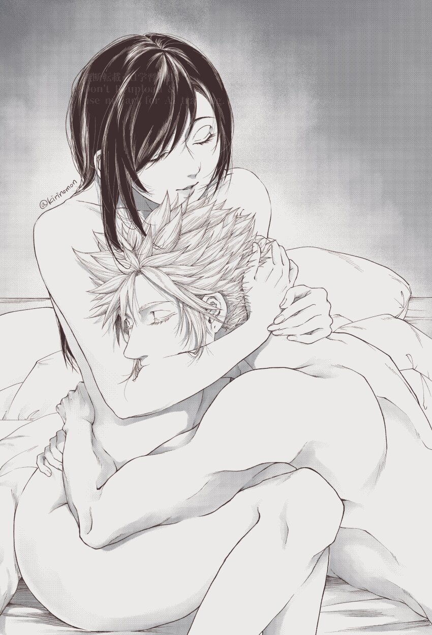 1boy 1girl absurdres arms_around_neck bed_sheet black_hair closed_eyes cloud_strife collarbone completely_nude couple cuddling eyelashes feet_out_of_frame final_fantasy final_fantasy_vii gradient_background greyscale hand_on_another&#039;s_hip hetero highres hug kirinomon knees leaning_on_person long_hair lying monochrome nude on_stomach parted_lips pillow short_hair sitting spiked_hair swept_bangs thighs tifa_lockhart twitter_username
