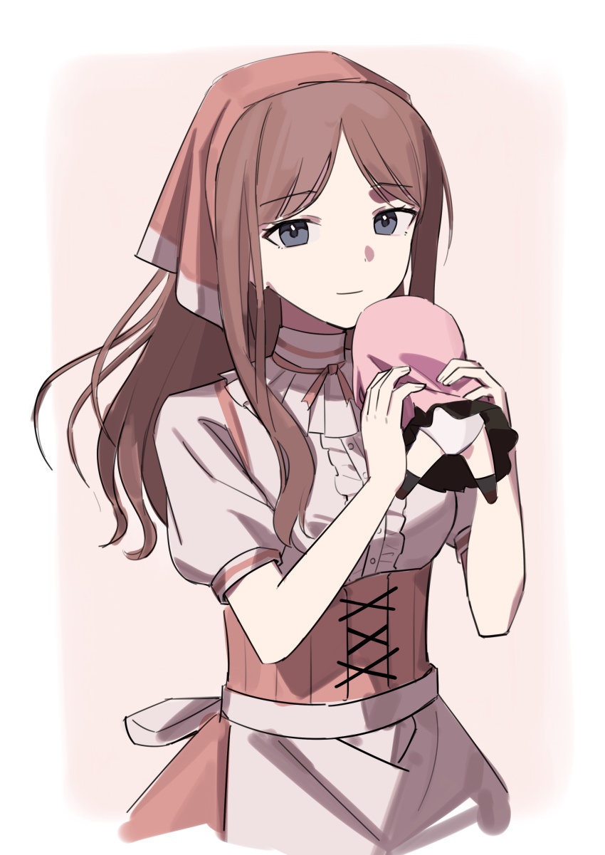 1girl absurdres apron bang_dream! bang_dream!_it&#039;s_mygo!!!!! black_skirt black_socks brown_corset brown_hair brown_headscarf buttons center_frills character_doll chihaya_anon chinese_commentary closed_mouth commentary_request corset cropped_torso dirndl doll frills german_clothes grey_eyes hands_up headscarf highres holding holding_doll light_smile long_hair lu_guan nagasaki_soyo panties pantyshot parted_bangs pink_hair puffy_short_sleeves puffy_sleeves shirt short_sleeves simple_background skirt socks solo sweets_paradise tenugui turtleneck two-handed underbust underwear upskirt waist_apron white_apron white_panties white_shirt