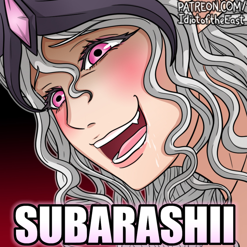 1girl close-up commentary drooling grey_hair idiot_of_the_east open_mouth pink_hair portrait romaji_text saliva slaanesh smile solo warhammer_40k watermark wavy_hair web_address