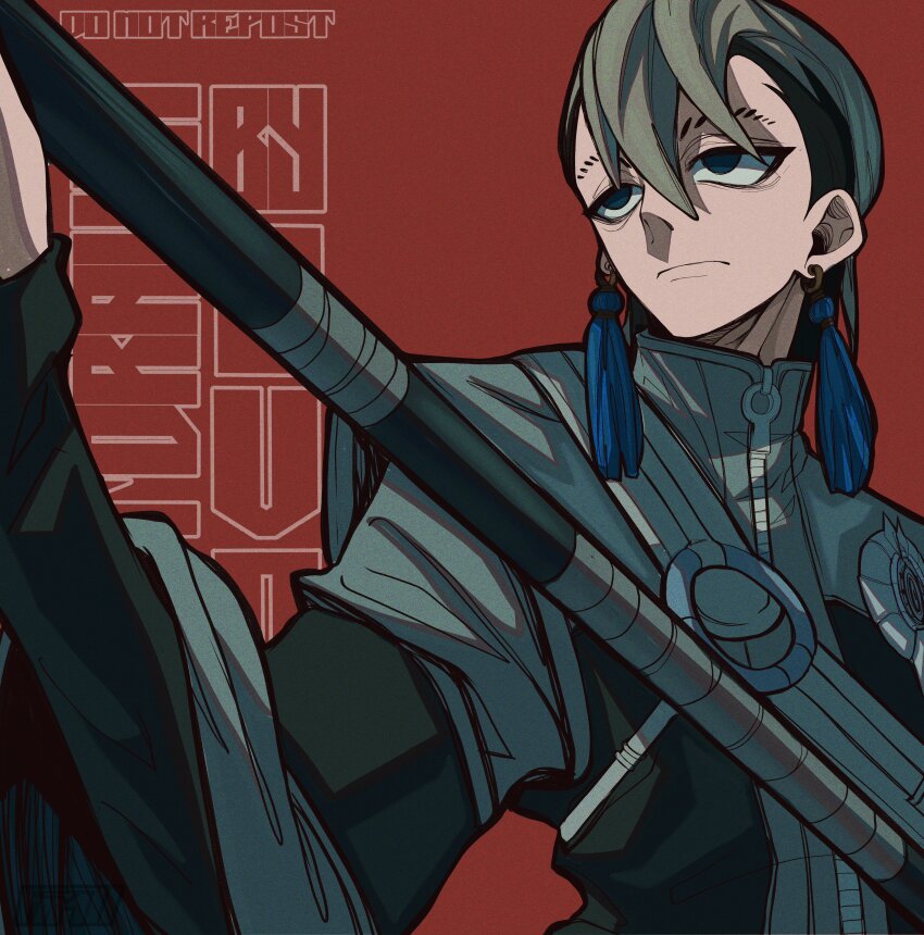 1boy absurdres earrings fringe_trim gachiakuta grey_hair highres holding holding_staff jacket jewelry light_frown male_focus multicolored_jacket nijiku_zanka ovotheartist_(kidddovo) red_background simple_background solo staff tassel tassel_earrings two-tone_jacket undercut