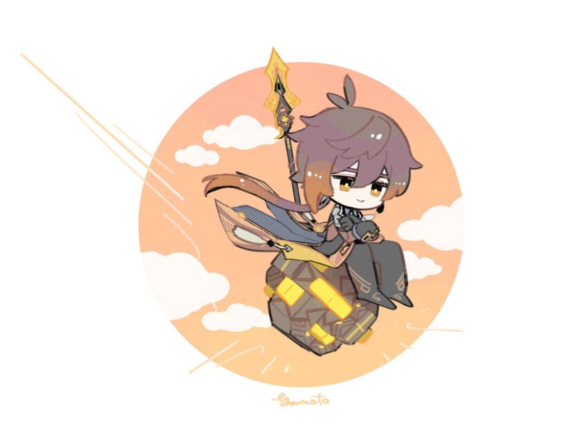 1boy antenna_hair artist_name black_gloves black_pants bright_pupils brown_coat brown_eyes brown_hair closed_mouth cloud coat commentary_request crossed_arms genshin_impact gloves gradient_hair hair_between_eyes highres long_hair long_sleeves low_ponytail male_focus meteor multicolored_hair orange_background pants polearm ponytail riding sidelocks signature simple_background sitting smile solo two-tone_background very_long_hair vortex_vanquisher_(genshin_impact) weapon white_background white_pupils yumoto_(ncosmanthus) zhongli_(genshin_impact)