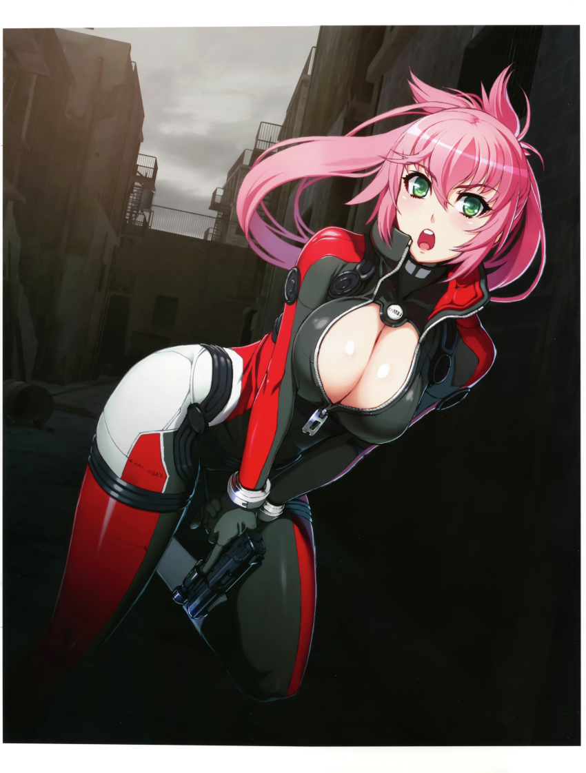1girl :o absurdres alley amanda_werner blassreiter bodysuit bracer breasts cleavage cleavage_cutout clothing_cutout female_focus green_eyes gun hair_between_eyes hair_rings handgun highres large_breasts long_hair nishii_(damnedrive) open_mouth outdoors pink_hair pistol running scan skin_tight solo weapon zipper