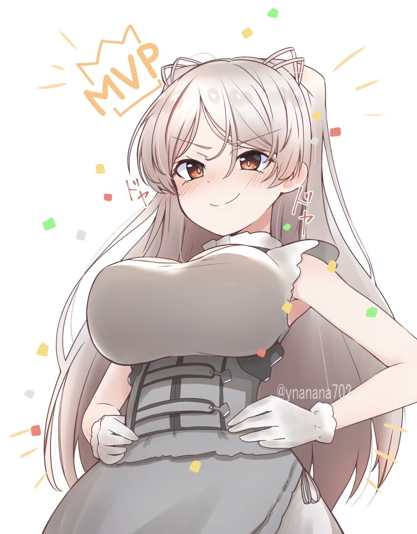 1girl 702_(naotsu) breasts brown_eyes commentary_request conte_di_cavour_(kancolle) conte_di_cavour_nuovo_(kancolle) dress gloves grey_dress grey_hair hands_on_own_hips highres kantai_collection large_breasts layered_dress long_hair mvp short_sleeves solo two-tone_dress two_side_up white_background white_gloves