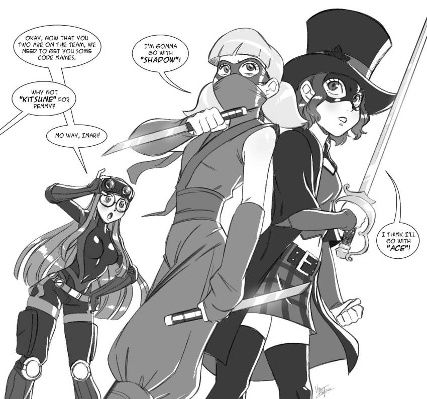 3girls aeolus aeolus06 atlus back-to-back bodysuit commission crossover dic_entertainment dual_wielding elbow_gloves face_mask glasses gloves hasegawa_akane_(persona_5_scramble) hat highres holding inspector_gadget kneehighs kodachi ninja mask megami_tensei monochrome multiple_girls penny_(inspector_gadget) persona persona_5 persona_5_scramble:_the_phantom_strikers rapier sakura_futaba short_sword skirt socks speech_bubble sword thighhighs top_hat visor_lift warren_blakely weapon