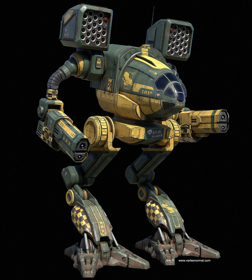 3d arm_cannon battletech bird black_background commentary concept_art eagle energy_cannon english_commentary highres machinery mad_cat_(battletech) mecha missile_pod no_humans nose_art radio_antenna realistic robot roundel science_fiction solo vertexnormal walker_(robot) weapon window