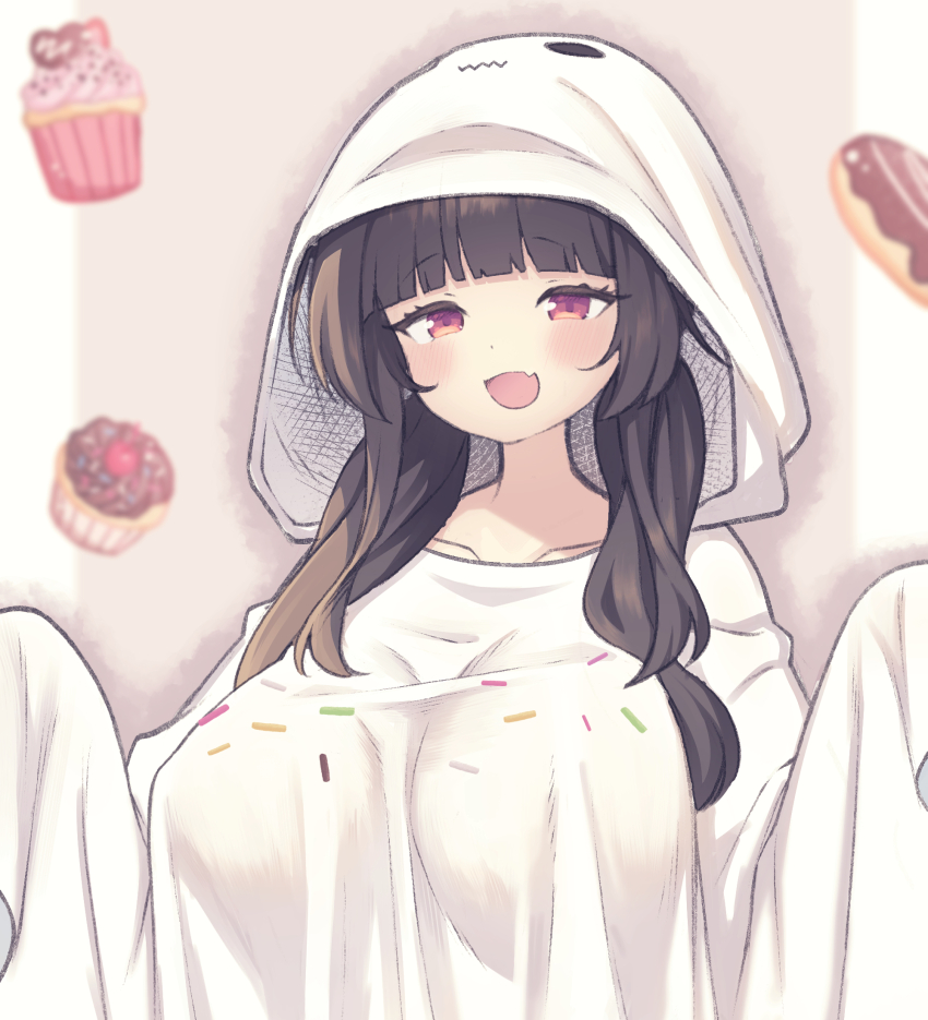 1girl :d black_hair blunt_bangs blush breasts brown_background collarbone commentary_request cupcake donut fang food ghost_costume halloween highres large_breasts letterboxed long_hair looking_at_viewer open_mouth original red_eyes sasakura_momiji shadow sidelocks simple_background skin_fang smile solo standing
