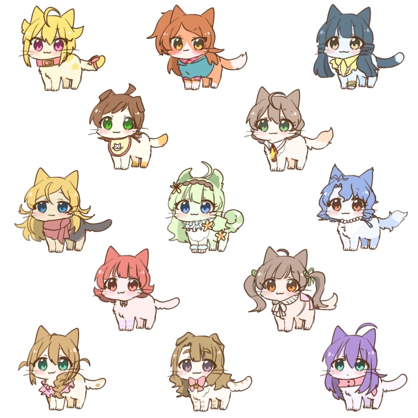 :3 ahoge animal animal_collar animal_focus animalization baba_konomi blonde_hair blue_eyes blue_hair bow bowtie braid brown_eyes cat closed_mouth clothed_animal collar flipped_hair green_eyes green_hair hair_between_eyes hair_flaps hairband hakozaki_serika highres hutaba ibuki_tsubasa idolmaster idolmaster_million_live! kinoshita_hinata kitakami_reika long_hair looking_at_viewer low_twintails miyao_miya mochizuki_anna no_humans nonohara_akane ogami_tamaki one_side_up orange_hair pink_bow pink_bowtie pink_eyes purple_hair red_hair sakuramori_kaori shimabara_elena shinomiya_karen short_hair simple_background smile tail tail_bow tail_ornament toyokawa_fuka twintails white_background
