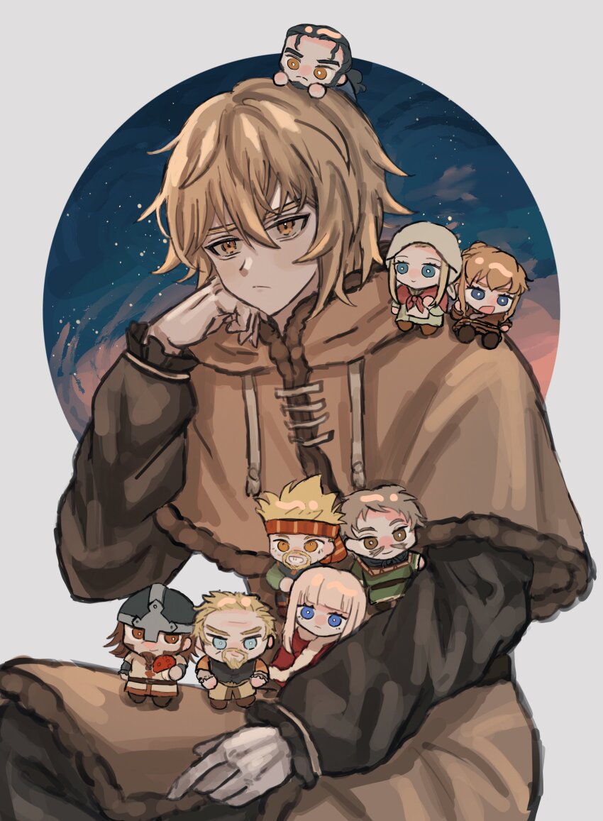 2girls 6+boys absurdres androgynous armor askeladd beard bjorn_(vinland_saga) blonde_hair blue_eyes blunt_bangs brown_eyes brown_hair canute chibi cloak closed_mouth facial_hair fur_trim goatee grey_hair hair_between_eyes harumakijiro headband helga_(vinland_saga) helmet highres holding holding_mushroom hood hoodie leif_ericson_(vinland_saga) looking_at_viewer multiple_boys multiple_girls mushroom mustache open_mouth prince red_cloak sidelocks sitting thorfinn thorkell thors viking vinland_saga ylva
