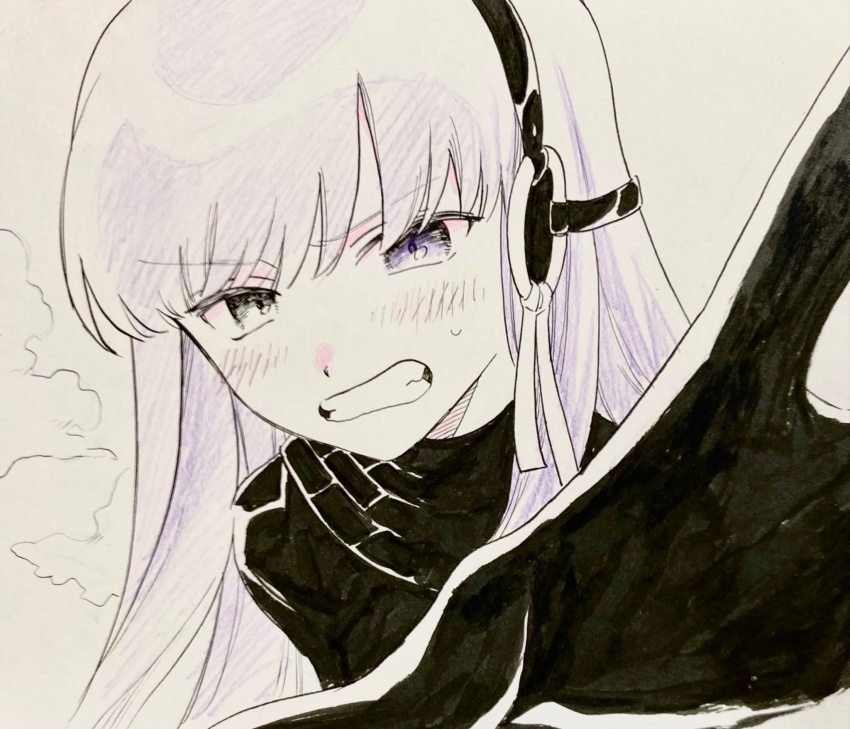 1girl angry black_gloves black_headphones black_shirt blush character_request clenched_teeth copyright_request furrowed_brow gloves highres long_hair no+bi= outstretched_hand parody_request purple_eyes purple_hair shirt sidelocks solo steam sweater teeth upper_body very_long_hair