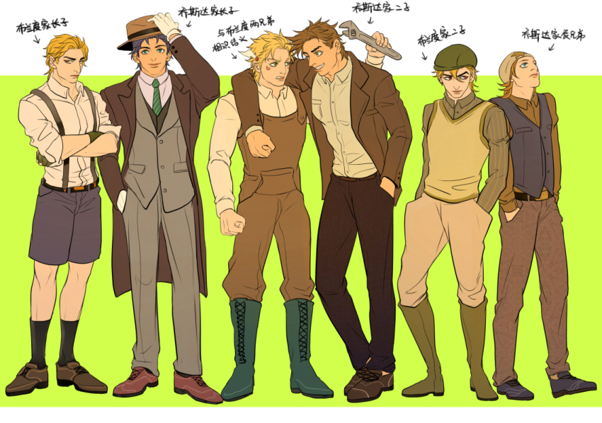 6+boys caesar_anthonio_zeppeli coat diego_brando dio_brando jacket johnny_joestar jojo_no_kimyou_na_bouken jonathan_joestar joseph_joestar joseph_joestar_(young) kilva_lollop male_focus multiple_boys steel_ball_run suspenders