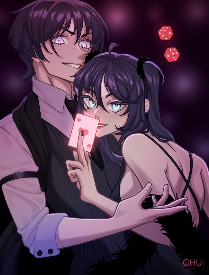 1boy 1girl absurdres ace_(playing_card) ace_of_hearts ahoge alternate_costume alternate_eye_color aqua_eyes arm_strap artist_name back black_dress black_hair black_necktie black_scarf blunt_bangs blunt_ends breasts card chui_art collared_shirt contemporary couple criss-cross_halter dice dress dress_shirt eyelashes fang fur-trimmed_hairband fur_shawl fur_trim genshin_impact glowing glowing_eyes grey_vest grin hair_between_eyes hair_over_shoulder halterneck heart hetero highres holding holding_card long_hair looking_at_viewer mona_(genshin_impact) necktie parted_bangs parted_lips playing_card red_lips scaramouche_(genshin_impact) scarf shawl shirt sideboob three-quarter_sleeves smile teeth twintails v-shaped_eyebrows vest white_eyes white_shirt white_sleeves
