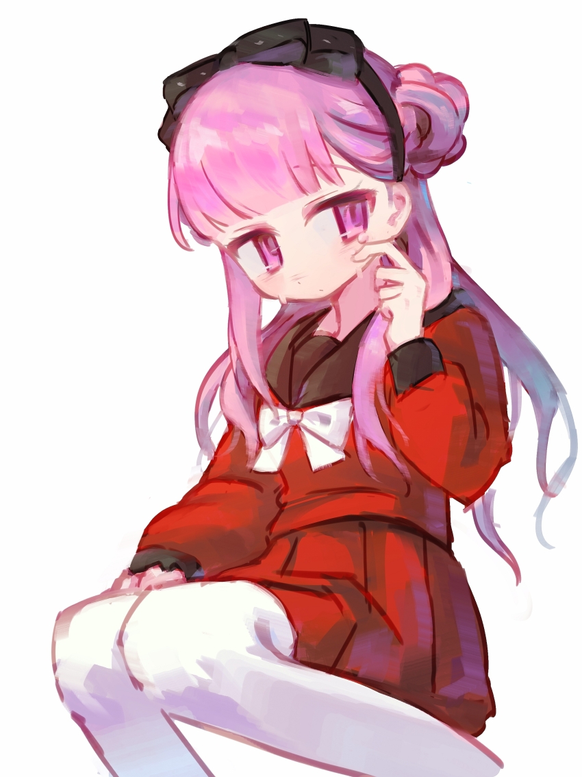 1girl absurdres black_bow black_hairband black_sailor_collar bow bowtie closed_mouth commentary crying crying_with_eyes_open hair_bow hairband hanamisawa highres long_hair pantyhose pink_eyes pink_hair pleated_skirt red_serafuku red_shirt red_skirt sailor_collar school_uniform serafuku shirt simple_background sitting skirt solo symbol-only_commentary tears the_hundred_line_-last_defense_academy- tsukumo_kako white_background white_bow white_bowtie white_pantyhose wiping_tears