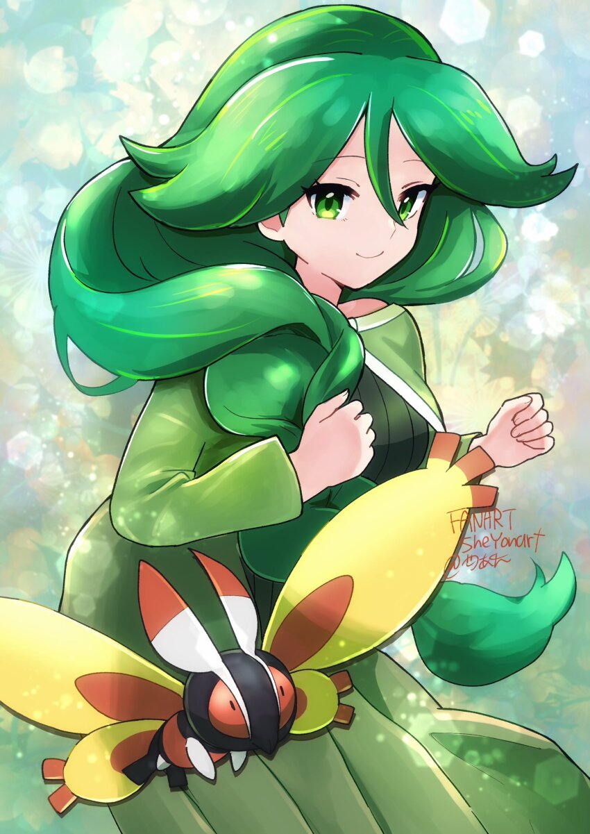 1girl braid breasts bug cheryl_(pokemon) gen_4_pokemon green_eyes green_hair hair_between_eyes hair_over_shoulder highres large_breasts long_hair long_sleeves looking_at_viewer mothim nintendo pokemon pokemon_(creature) pokemon_dppt sheyona single_braid skirt smile