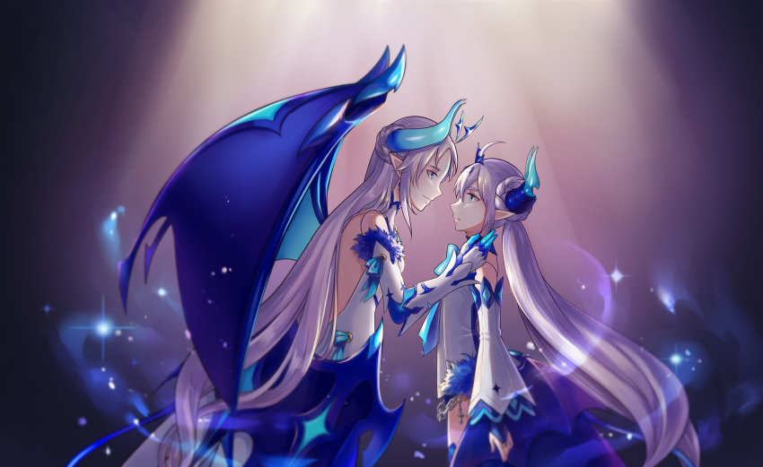 2girls asiya_(joey26504) backless_dress backless_outfit bare_shoulders chain crown demon_girl demon_horns demon_wings detached_sleeves dress elsword fluffy gloves glowing highres horns ishtar_(elsword) long_hair luciela_r._sourcream multiple_girls noblesse_(elsword) pointy_ears simple_background twintails white_hair wings