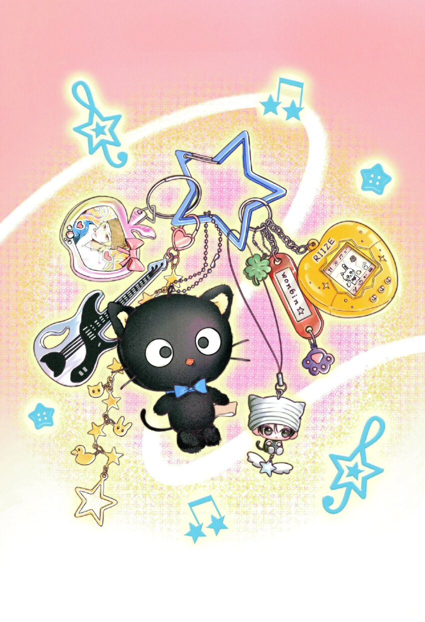 10xi apple character_doll charm_(object) chinese_commentary chococat clover commentary_request food four-leaf_clover fruit guitar heisei_retro highres instrument no_humans object_focus original paw_print sanrio star_(symbol) treble_clef virtual_pet_(toy)