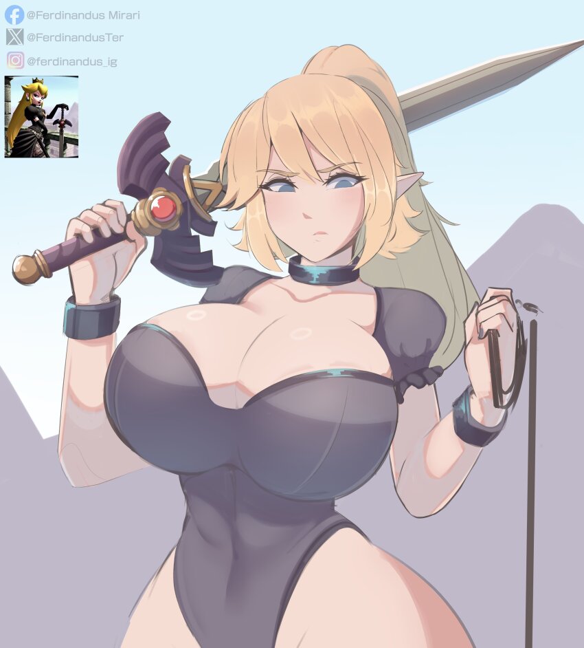 1girl absurdres black_choker black_collar black_leotard blonde_hair blue_eyes bowsette bracelet breasts choker closed_mouth collar collarbone commentary cowboy_shot curvy double-parted_bangs english_commentary ferdinandusdart frown high_ponytail highleg highleg_leotard highres holding holding_sword holding_weapon huge_breasts jewelry leotard long_hair looking_at_viewer mario_(series) nintendo pointy_ears ponytail reference_inset short_sleeves sketch solo_focus sword unfinished weapon wide_hips