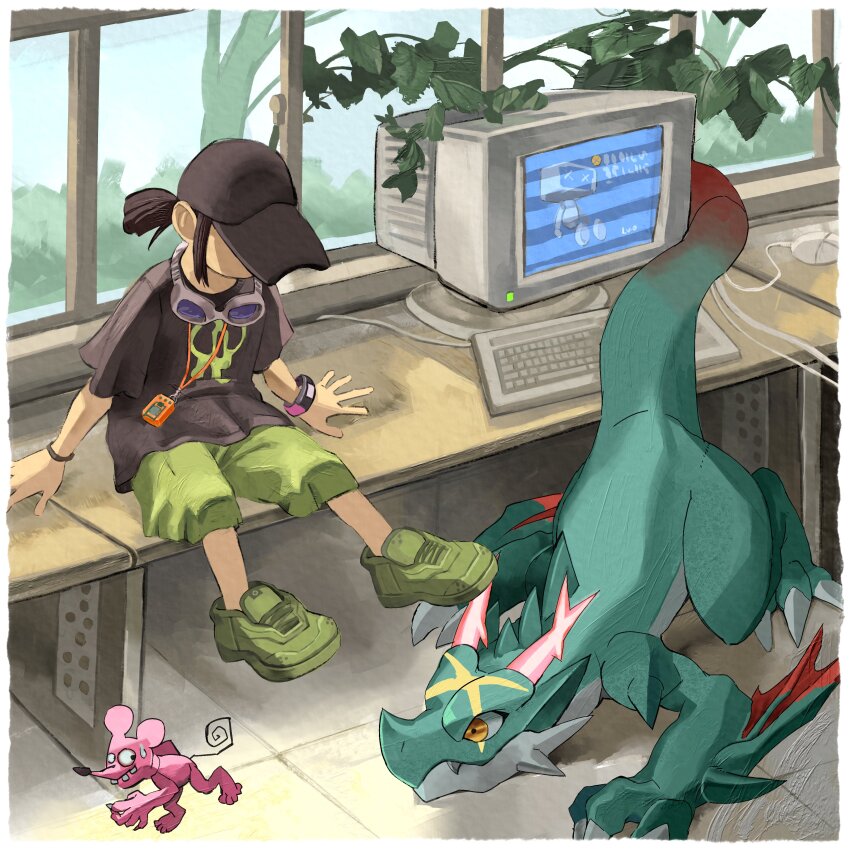 1boy absurdres all_fours black_hat black_shirt computer digimon digimon_(creature) digimon_(virtual_pet) dracomon dracomon_x-antibody dragon goggles goggles_around_neck green_shorts hat highres horns indoors level-00 monitor shirt shorts tyumon virtual_pet_(toy)