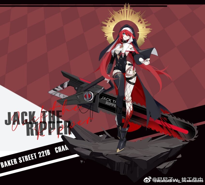 1girl animal_collar asymmetrical_legwear black_boots black_collar black_leotard black_nails black_sclera black_thighhighs black_veil blood blood_on_clothes blood_on_face bloody_weapon blue_eyes boots breasts buttons capelet chainsaw character_name checkered_background chinese_commentary cleavage clenched_hand coif collar colored_sclera commentary_request cross-laced_clothes cross-laced_legwear cross_tattoo detached_sleeves doll_joints evil_smile fishnet_pantyhose fishnet_thighhighs fishnets full_body genderswap genderswap_(mtf) hair_between_eyes halo halo_behind_head heterochromia holding holding_chainsaw huge_weapon jack_the_ripper joints large_breasts layered_legwear leg_tattoo leotard letterboxed long_hair long_sleeves looking_at_viewer marking_on_cheek mismatched_legwear nail_polish nizi_w nun o-ring original outside_border pantyhose parted_lips puffy_long_sleeves puffy_sleeves red_background red_eyes red_hair rock side_slit single_leg_pantyhose smile solo tattoo teardrop_facial_mark thighhighs veil very_long_hair watermark weapon weibo_watermark white_capelet