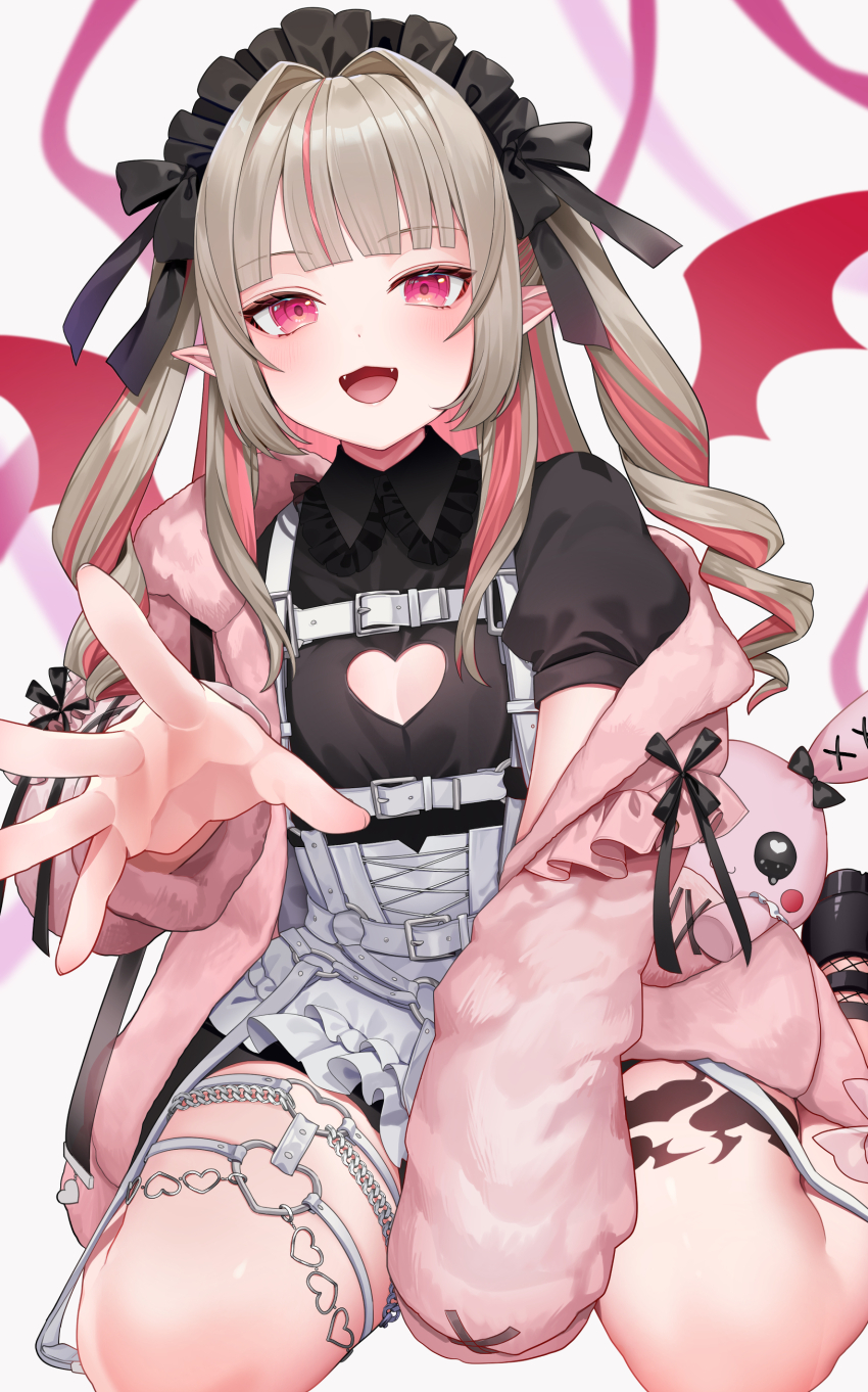 1girl absurdres apron bat_wings black_dress black_footwear black_headdress black_ribbon blonde_hair blush breasts cleavage cleavage_cutout clothing_cutout collared_dress commentary_request dress drill_hair fangs frilled_shirt_collar frills full_body fur_jacket hair_intakes harness_belt heart_cutout highres jacket leg_tattoo long_hair long_sleeves looking_at_viewer maid_headdress makaino_ririmu makaino_ririmu_(5th_costume) multicolored_hair nijisanji open_mouth pink_eyes pink_hair pink_jacket pointy_ears puffy_short_sleeves puffy_sleeves reaching reaching_towards_viewer ribbon short_sleeves sitting small_breasts smile solo stuffed_animal stuffed_rabbit stuffed_toy tattoo two-tone_hair usushio virtual_youtuber wariza white_apron wings