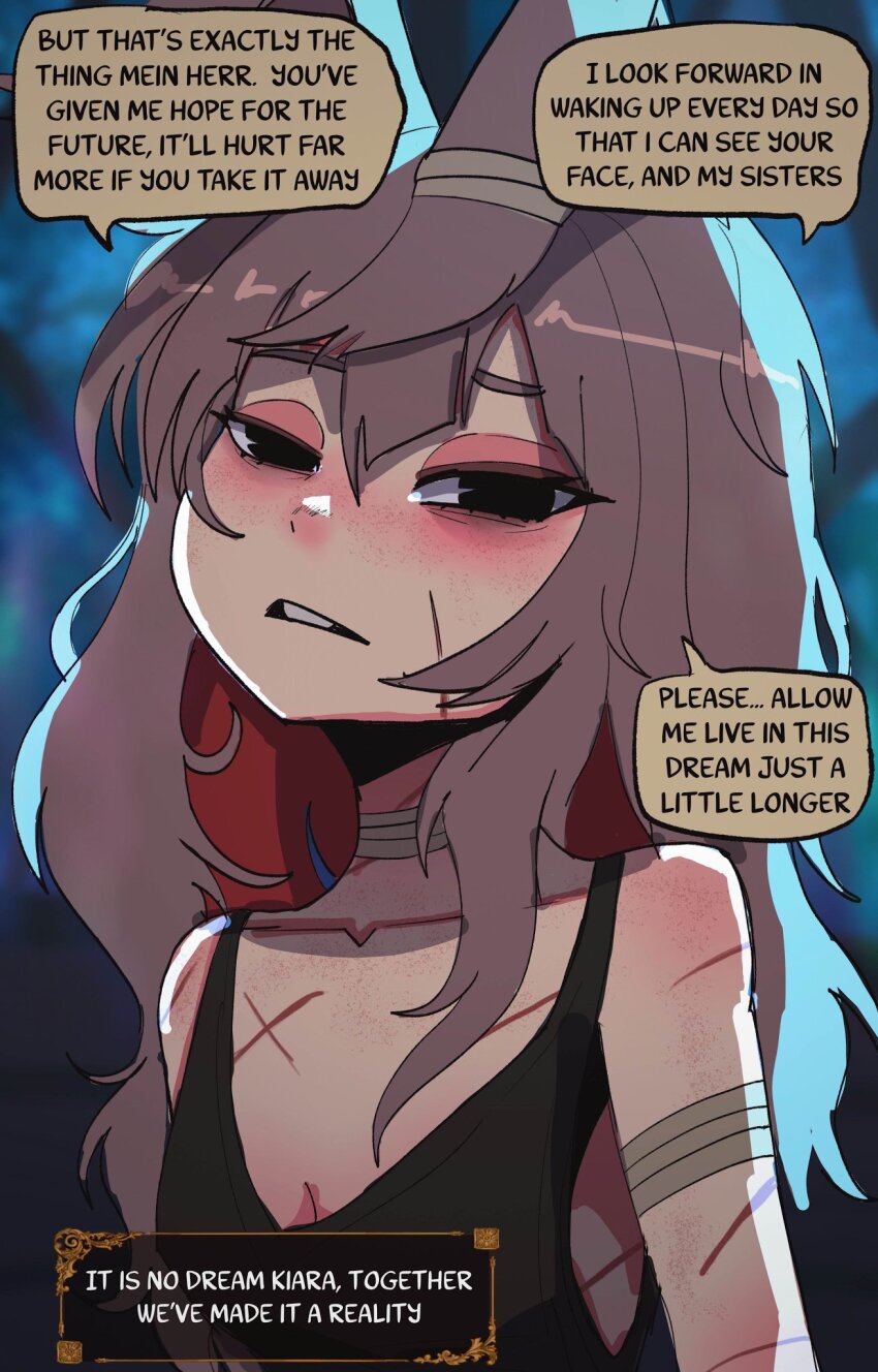 1girl animal_ears bandages basedbinkie breasts brown_hair chivalry_starved cleavage highres kiara_haas_(basedbinkie) long_hair messy_hair petite pov rabbit_ears rabbit_girl scar small_breasts speech_bubble